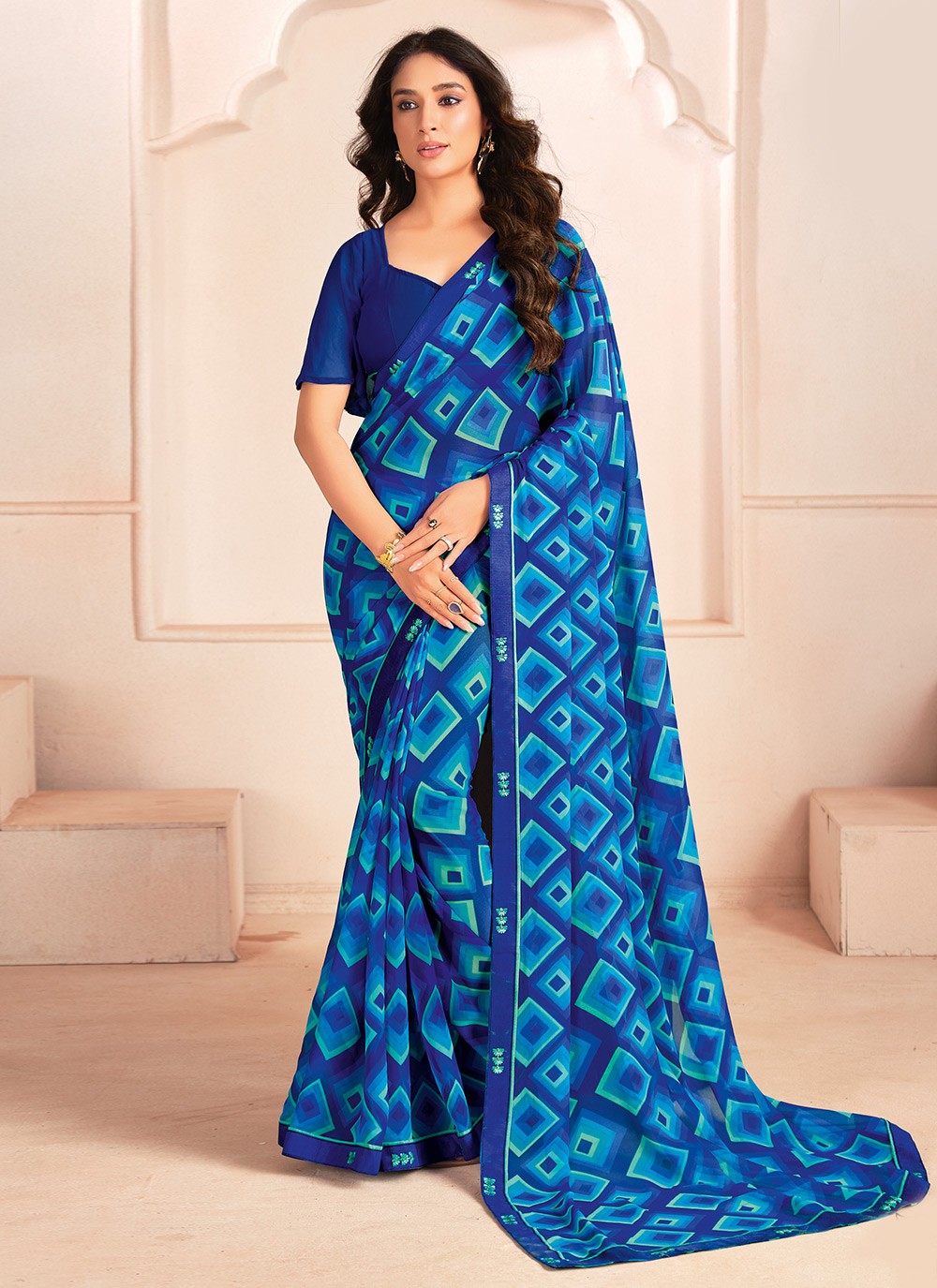 Digital Print Georgette Blue Contemporary Saree S15286