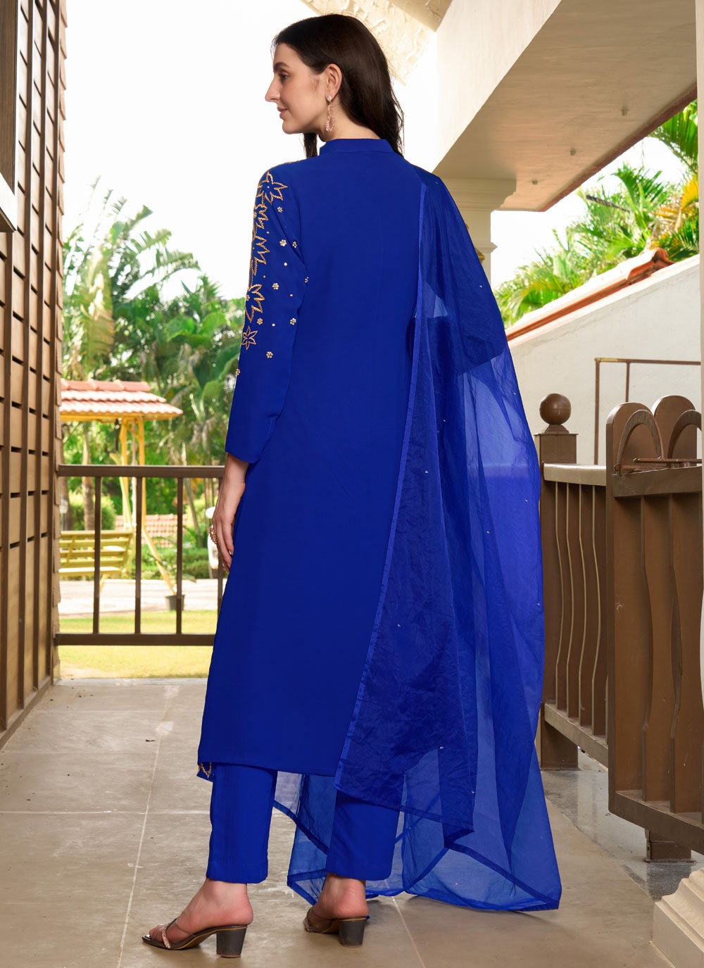 Pant Style Suit Embroidered Blue Georgette T5335
