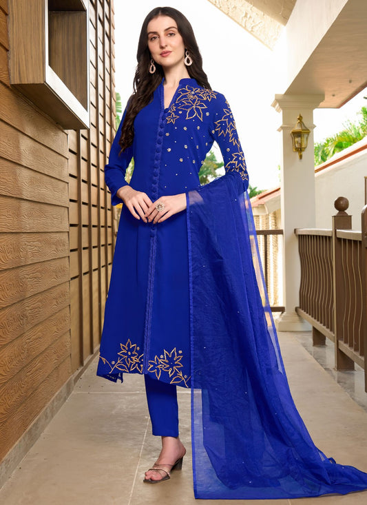 Pant Style Suit Embroidered Blue Georgette T5335