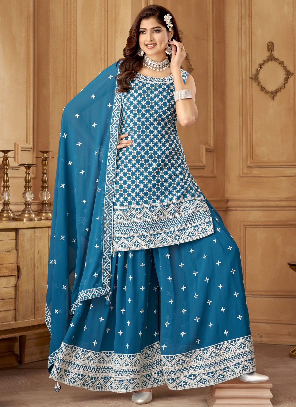 Salwar Suit Embroidered Blue Georgette T5597