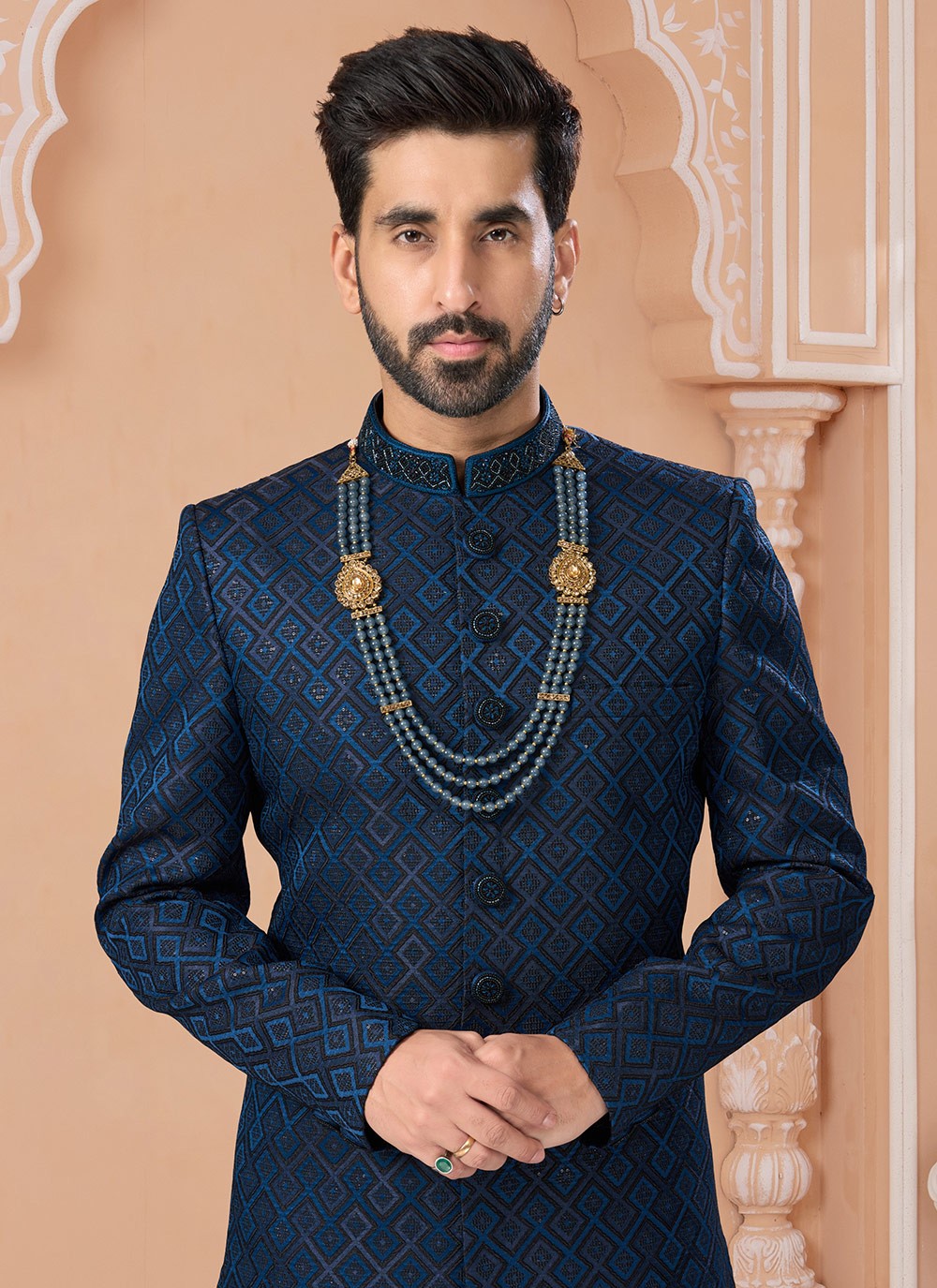 Embroidered Jacquard Blue Indo Western Sherwani - M7144