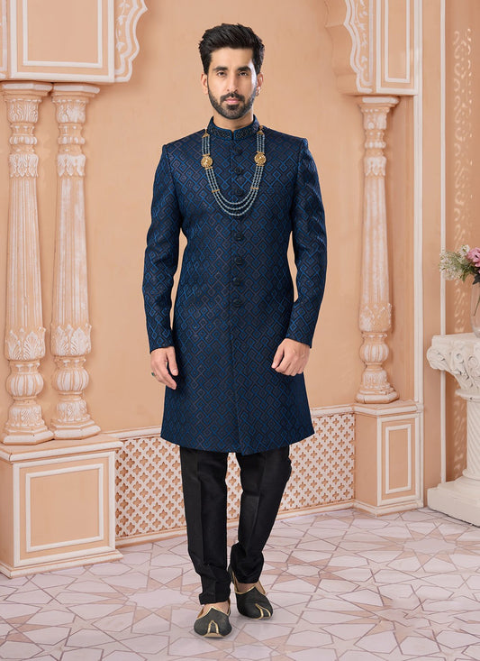 Embroidered Jacquard Blue Indo Western Sherwani - M7144