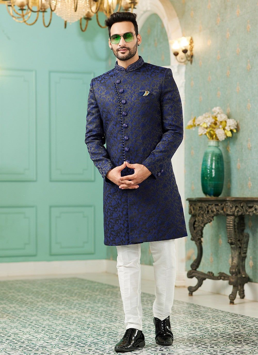 Hand Embroidery Imported, Jacquard Silk Blue Indo Western - M6442