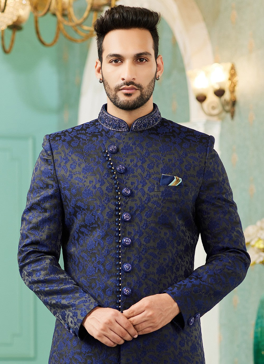 Hand Embroidery Imported, Jacquard Silk Blue Indo Western - M6442