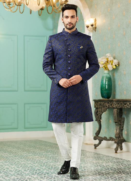 Hand Embroidery Imported, Jacquard Silk Blue Indo Western - M6442