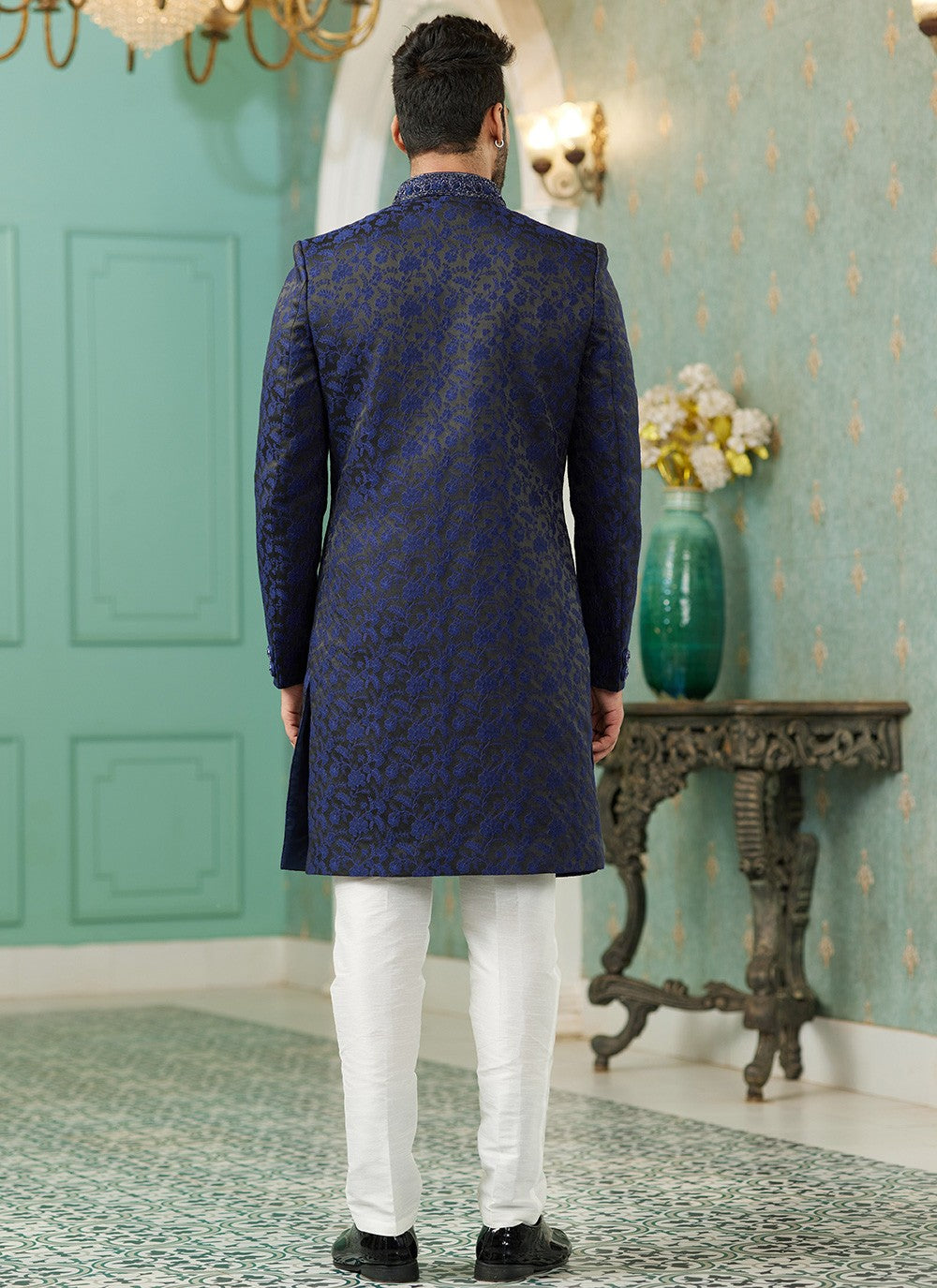 Hand Embroidery Imported, Jacquard Silk Blue Indo Western - M6442