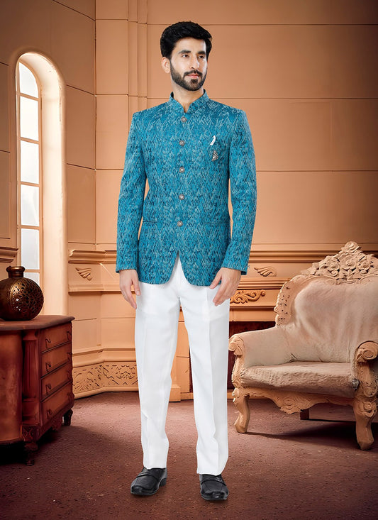 Woven Jacquard Blue Jodhpuri Suit - M4337