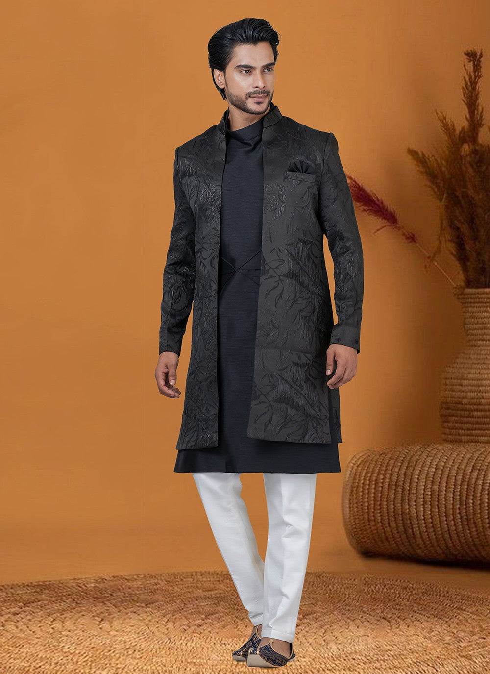 Jacquard Work Jacquard Silk Blue Indo Western - M8414