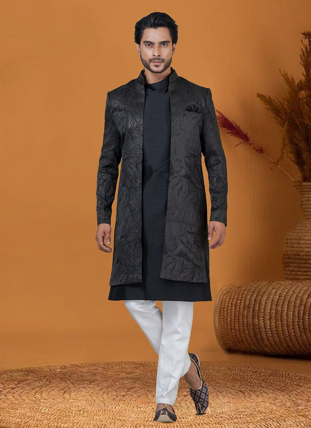 Jacquard Work Jacquard Silk Blue Indo Western - M8414