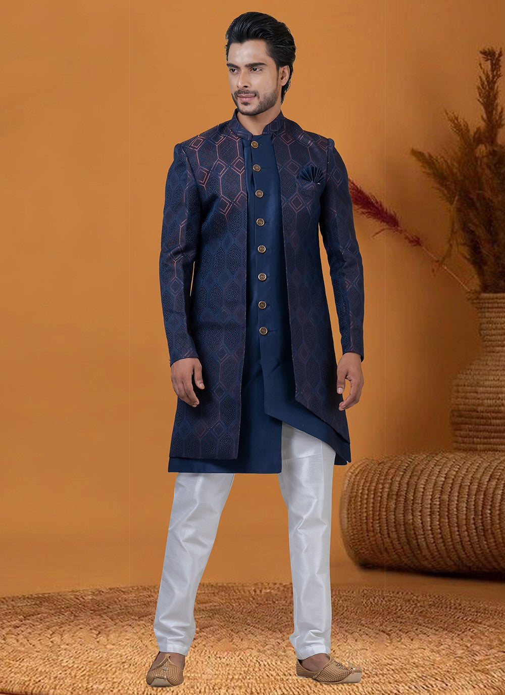Jacquard Work Jacquard Silk Blue Indo Western - M8416