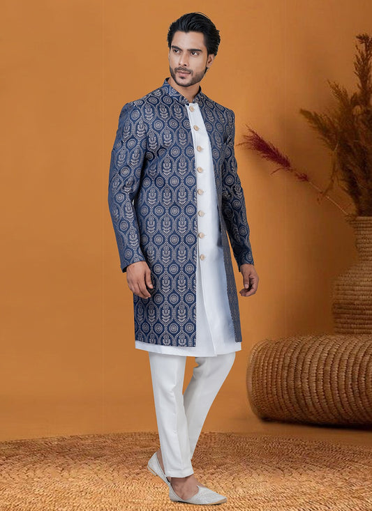 Jacquard Work Jacquard Silk Blue Indo Western - M8371