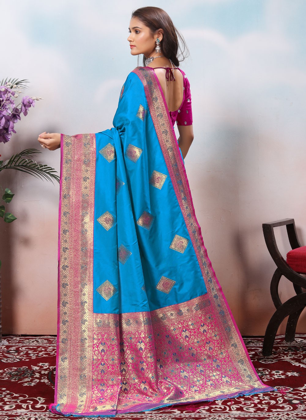 Border Work Silk Blue Classic Saree S15422