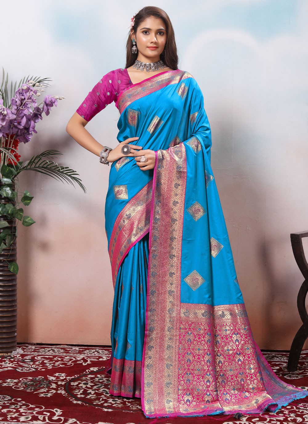 Border Work Silk Blue Classic Saree S15422