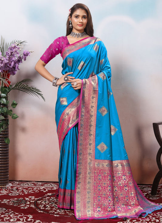 Border Work Silk Blue Classic Saree S15422