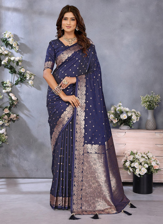 Blue Banarasi Silk Trendy Saree Jacquard Work, Weaving Zari S16914