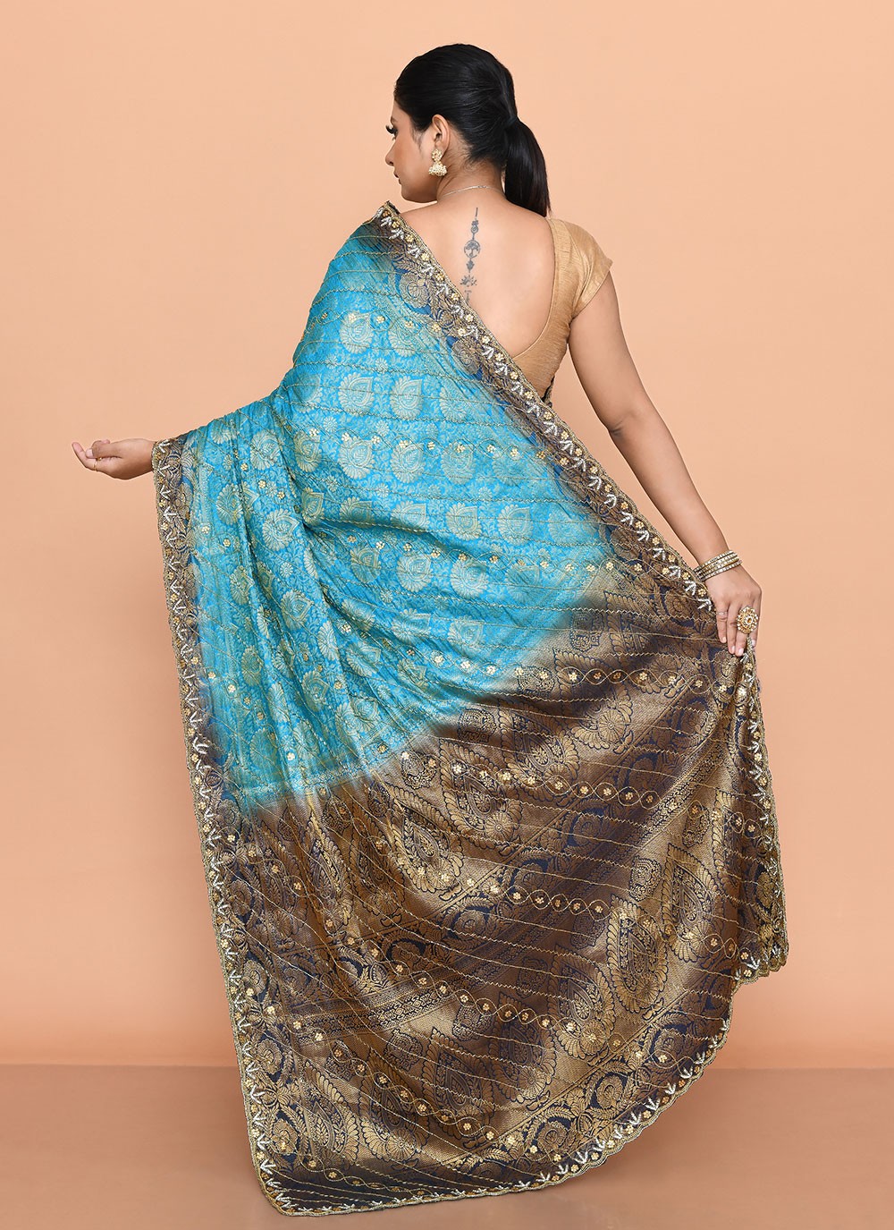 Contemporary Hand Embroidery Blue Kanjivaram Silk Saree S13144