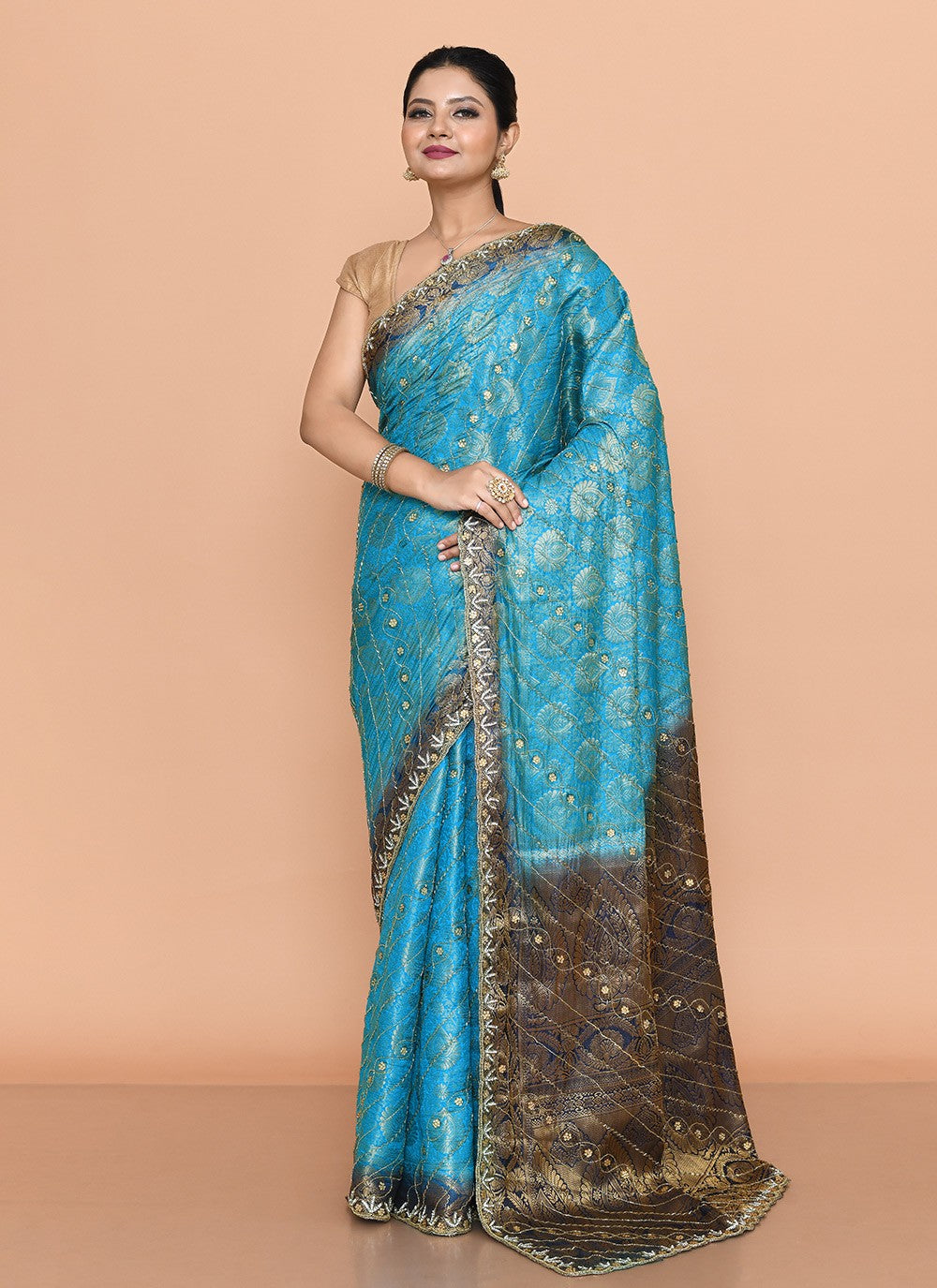 Contemporary Hand Embroidery Blue Kanjivaram Silk Saree S13144