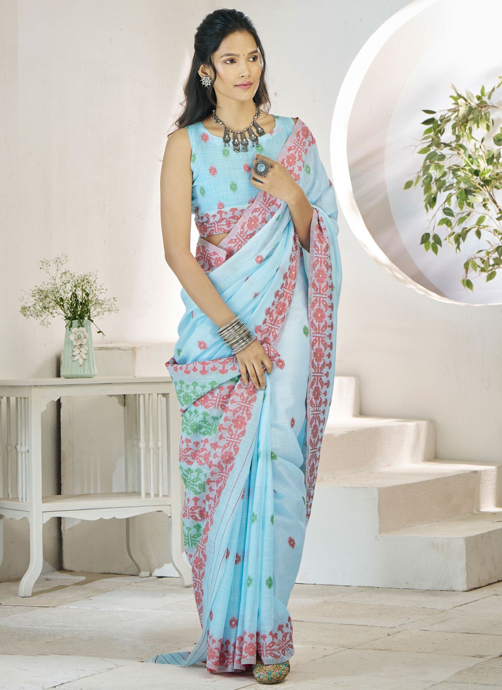 Aari Work Linen Blue Saree S13901