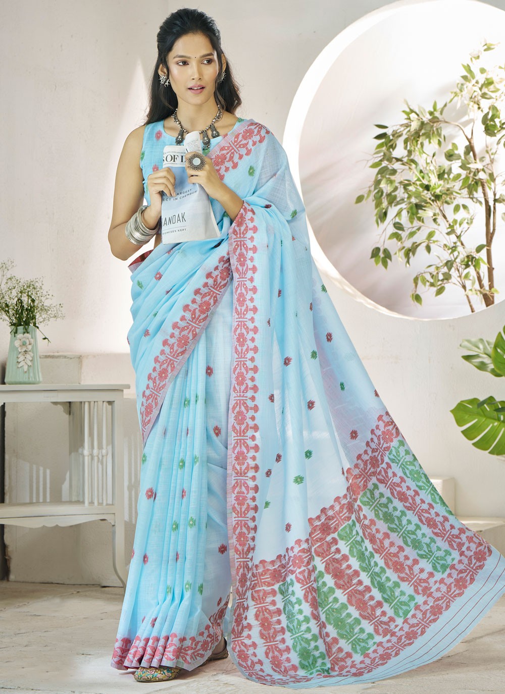 Aari Work Linen Blue Saree S13901