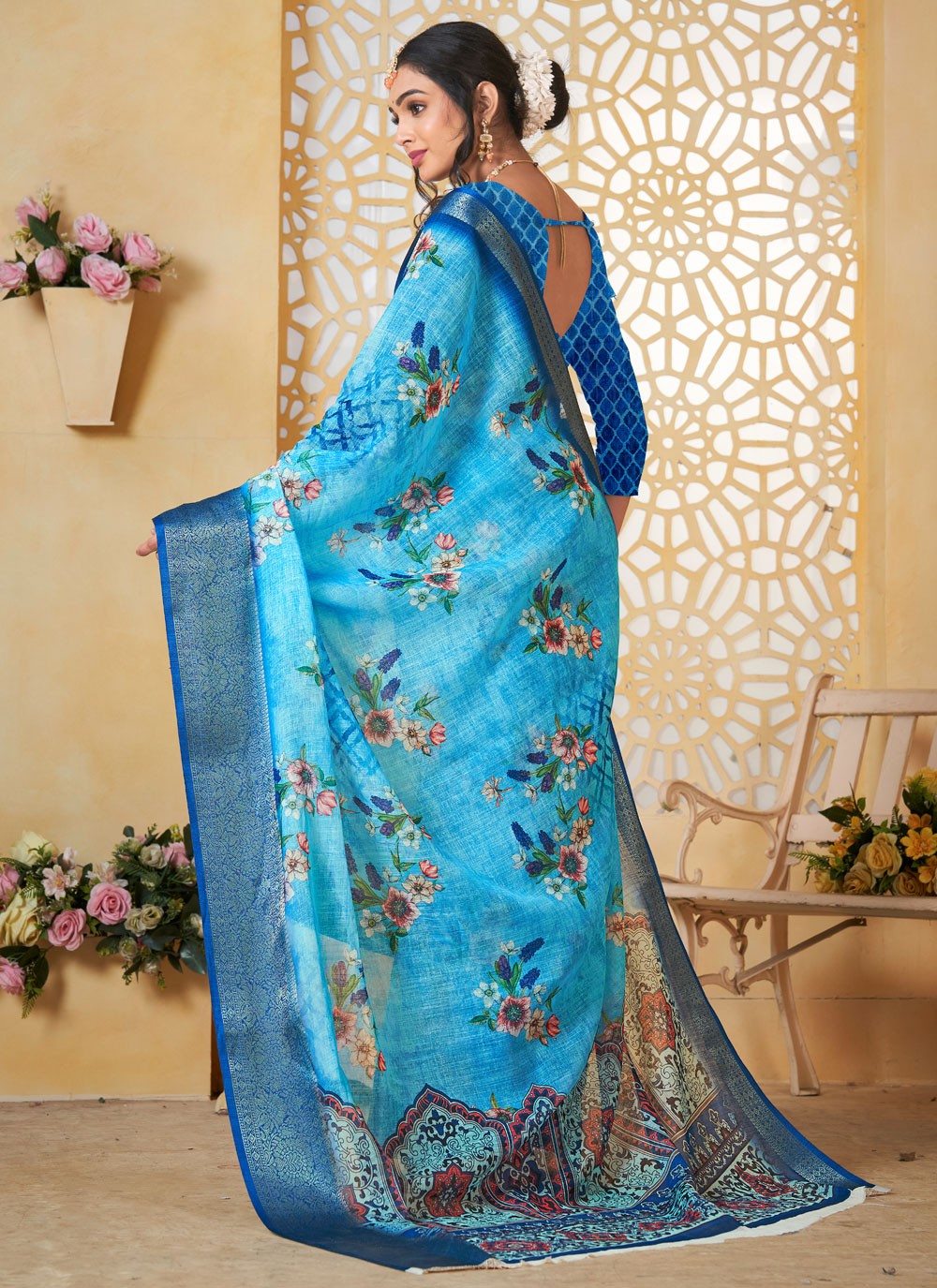 Digital Print Linen Blue Saree S14713