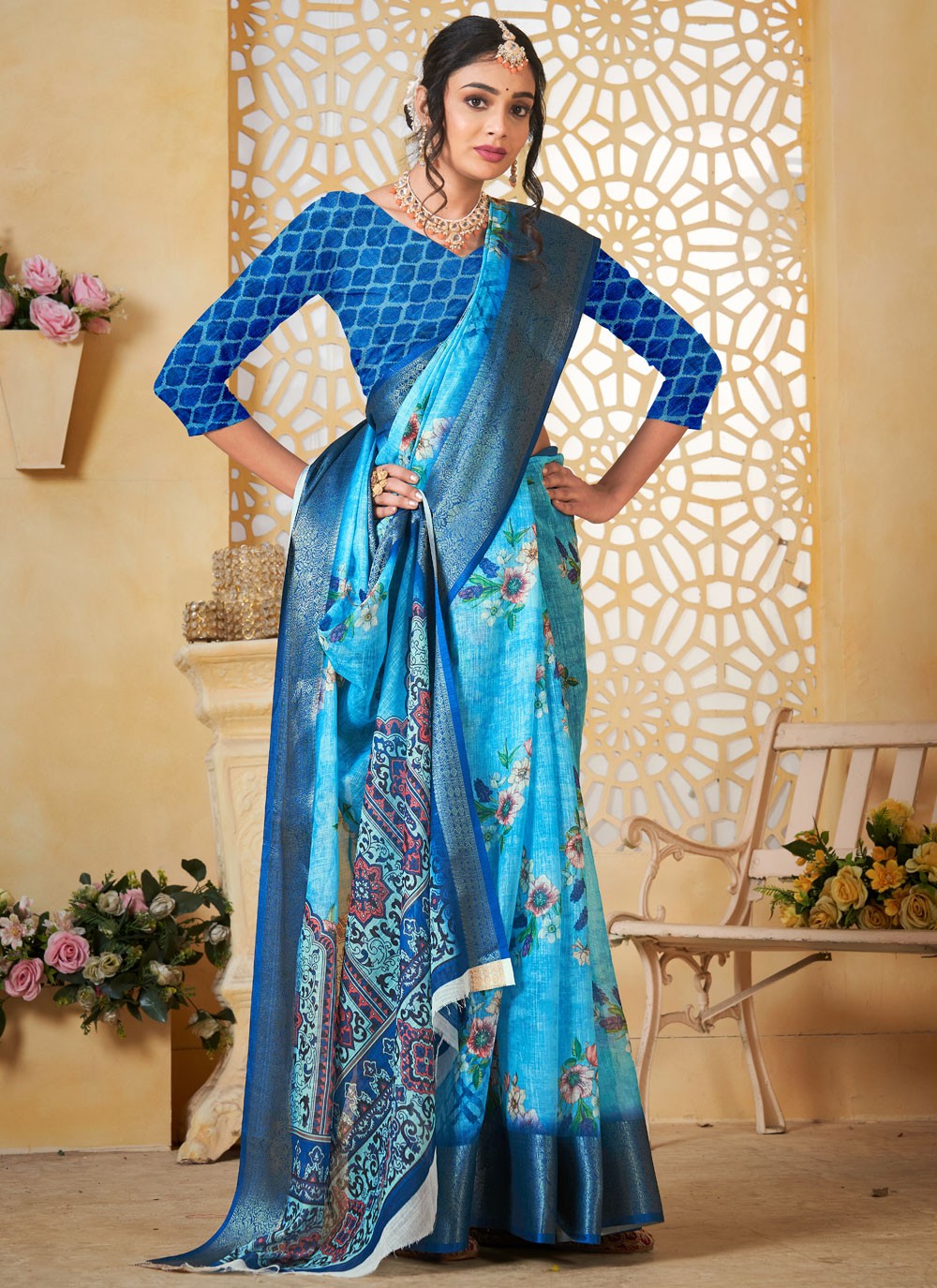 Digital Print Linen Blue Saree S14713