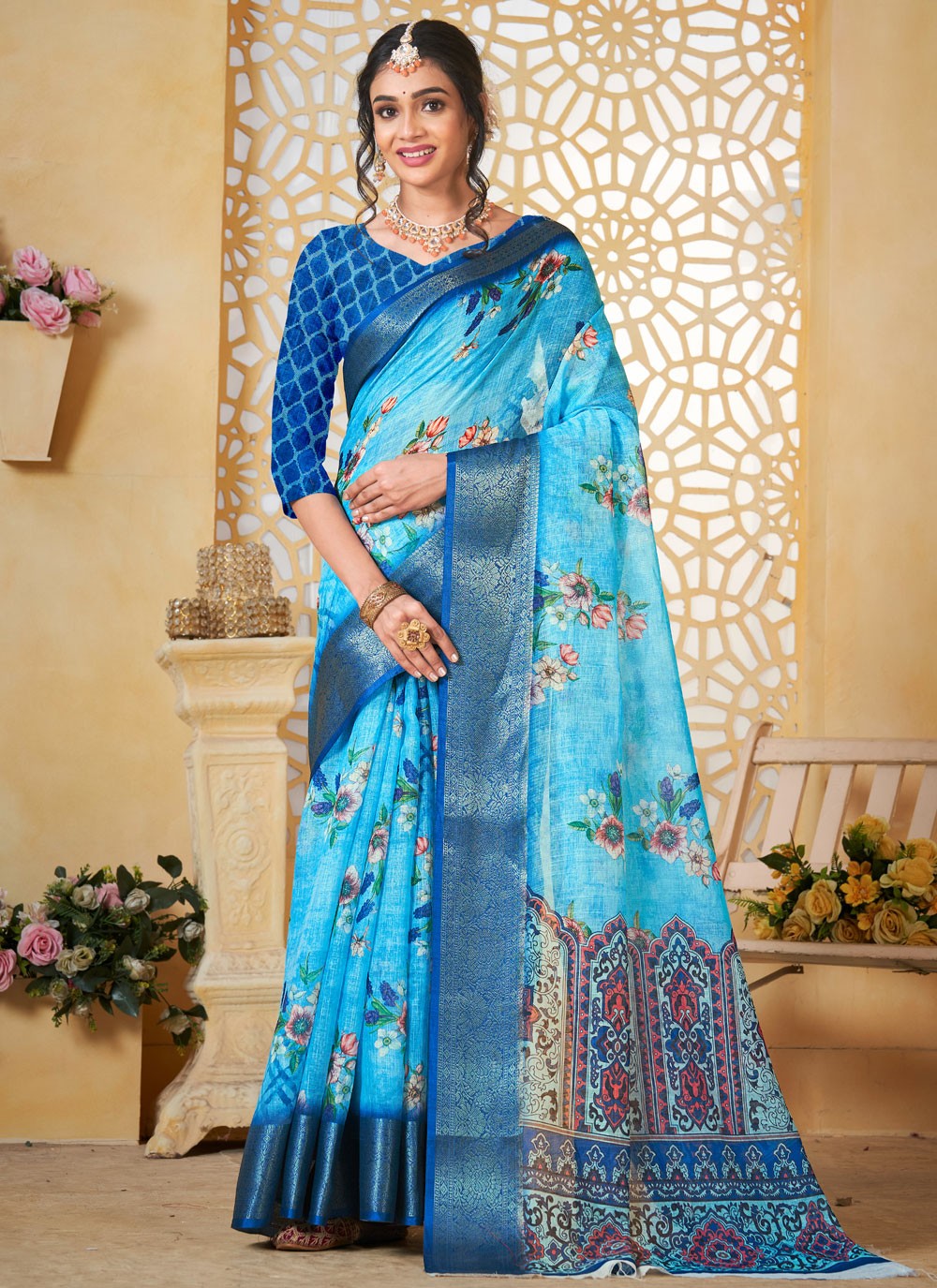 Digital Print Linen Blue Saree S14713