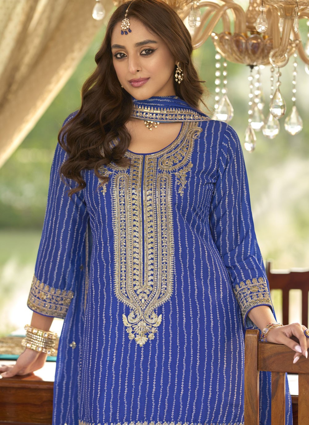 Sharara Suit Digital Print, Embroidered, Sequins, Zari Blue T7800