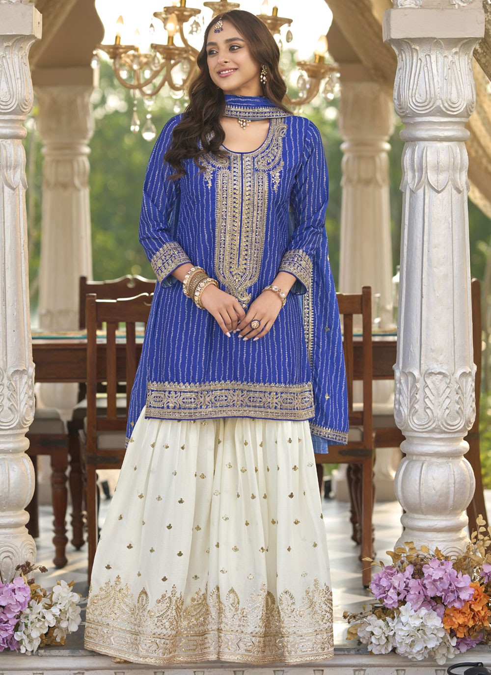 Sharara Suit Digital Print, Embroidered, Sequins, Zari Blue T7800
