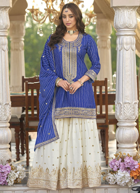 Sharara Suit Digital Print, Embroidered, Sequins, Zari Blue T7800