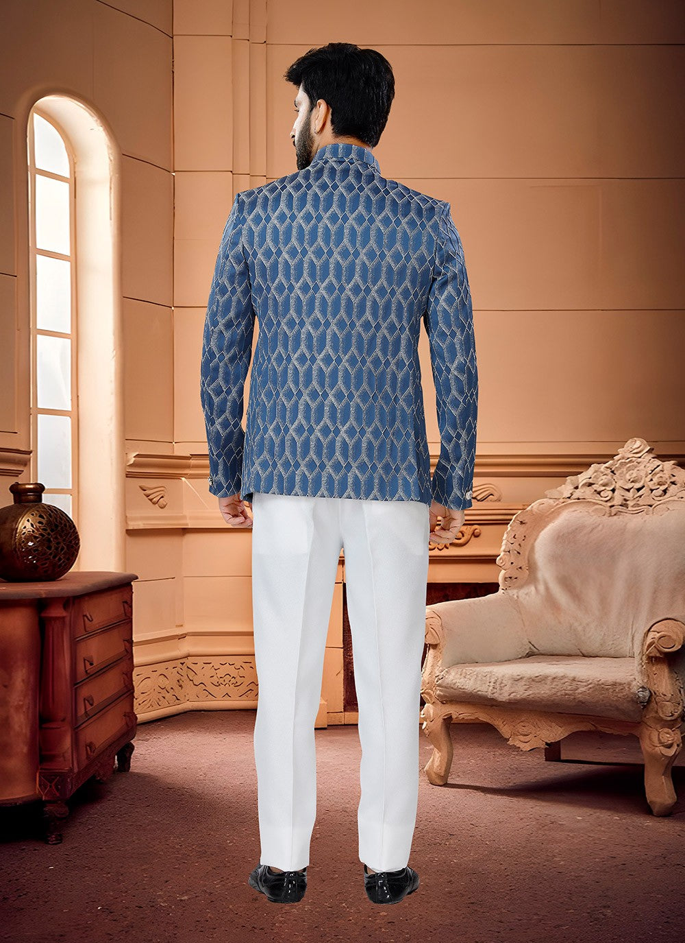 Woven Jacquard Blue Jodhpuri Suit - M4331