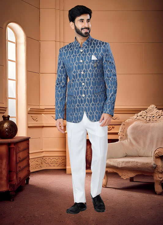 Woven Jacquard Blue Jodhpuri Suit - M4331