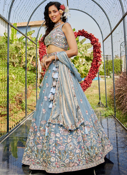 Beads Net Blue Lehenga - L3345