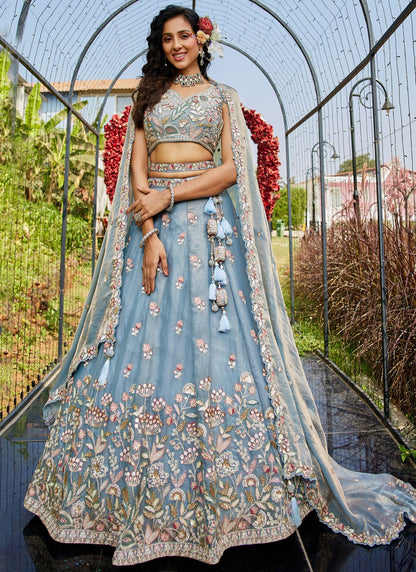 Beads Net Blue Lehenga - L3345