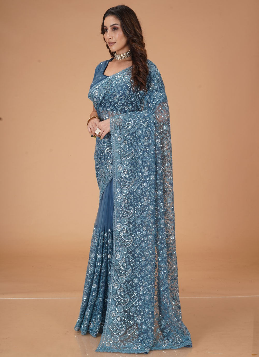 Embroidered Net Blue Traditional Saree S15473