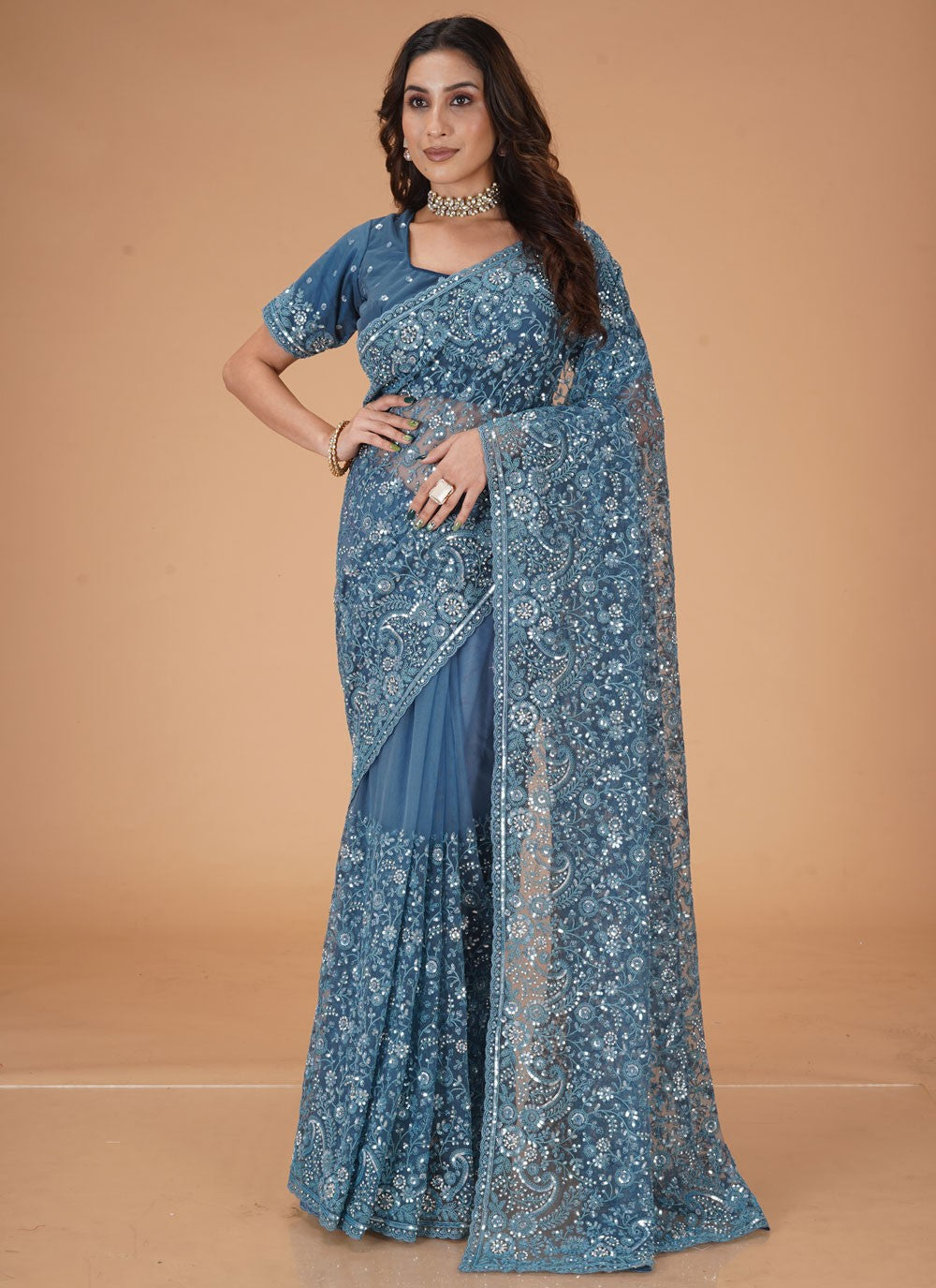 Embroidered Net Blue Traditional Saree S15473
