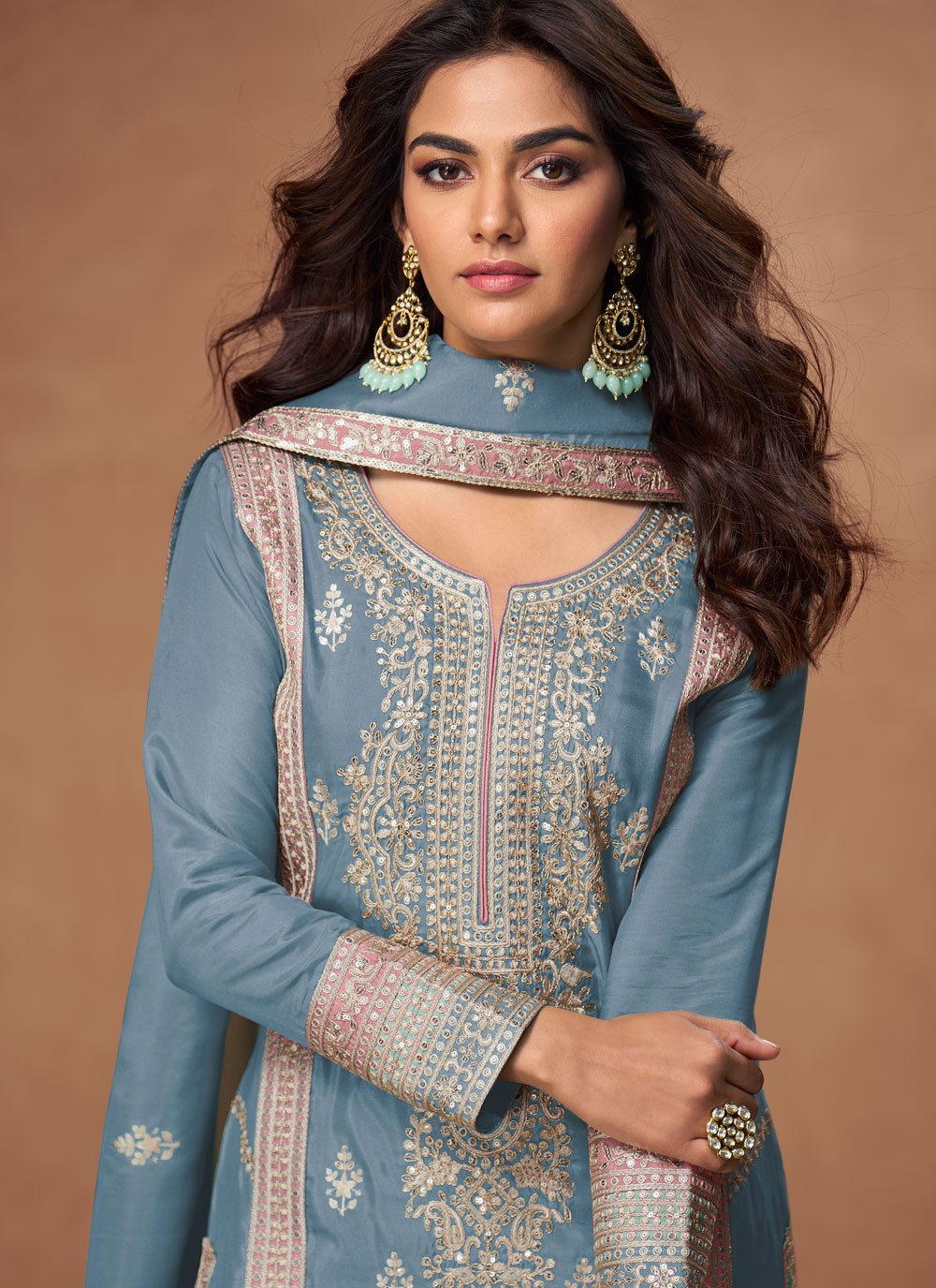 Salwar Suit Embroidered Blue Organza T5781
