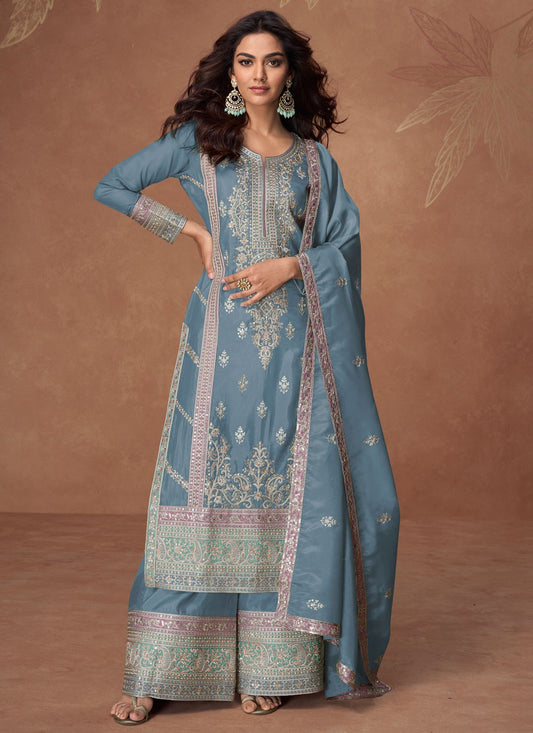 Salwar Suit Embroidered Blue Organza T5781