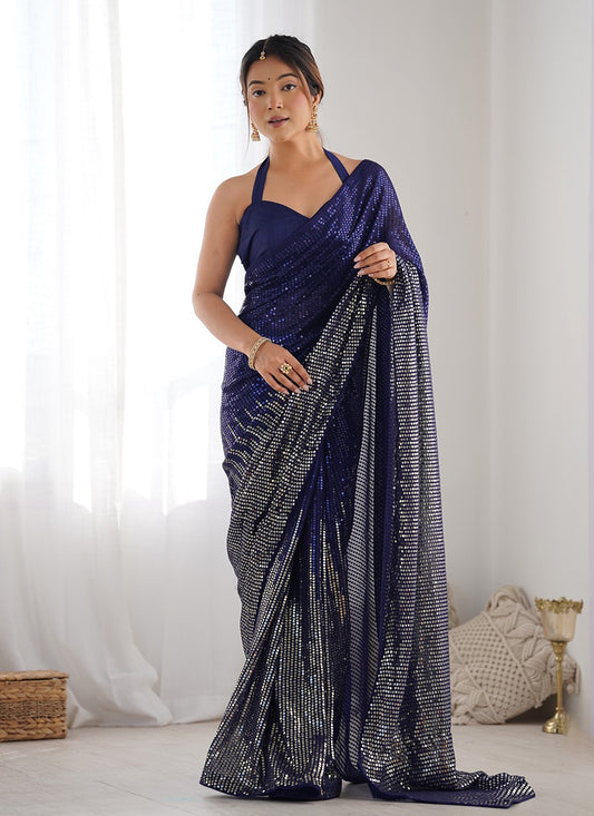 Classic Saree Embroidered Blue Georgette Saree S12404