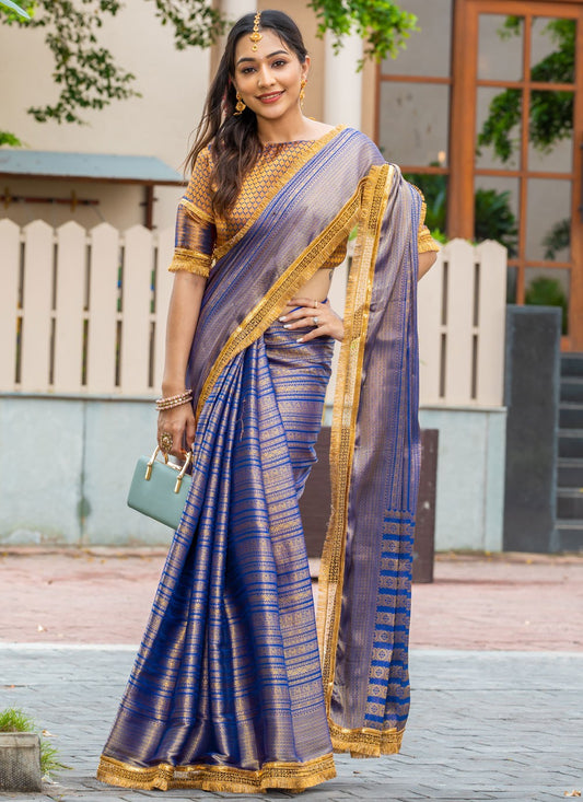 Woven Brocade Blue Saree S14734