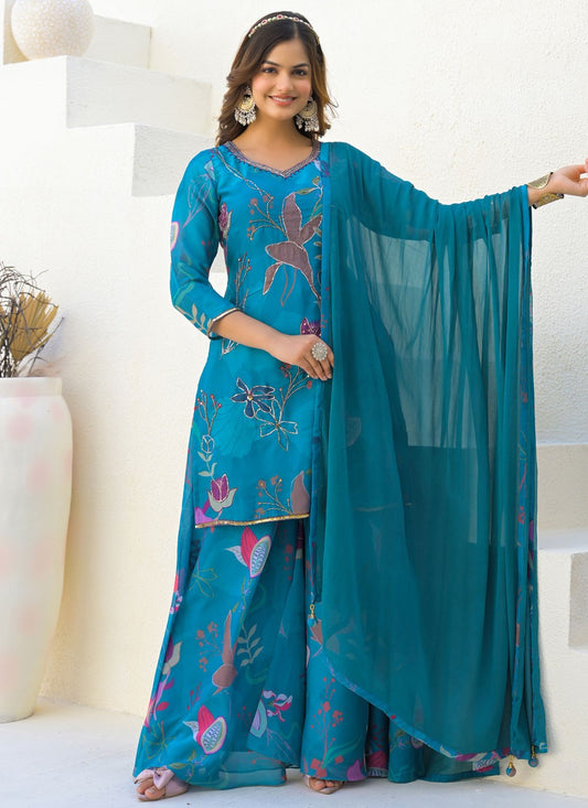Sharara Suit Beads, Digital Print, Zari Blue T7131