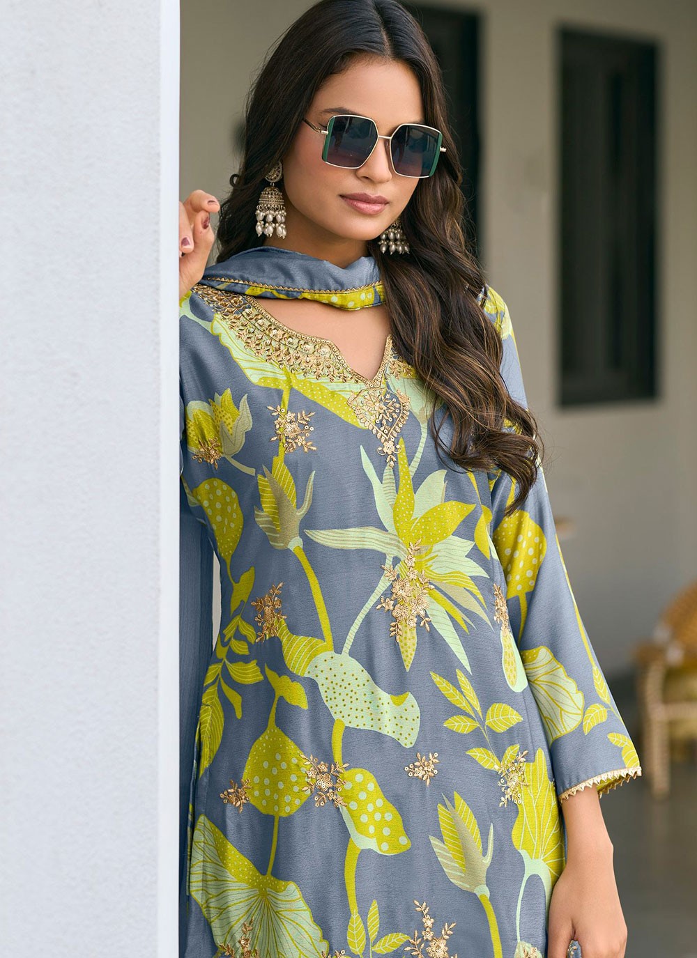 Palazzo Suit Embroidered, Fancy Work, Printed, Zari Blue T7866