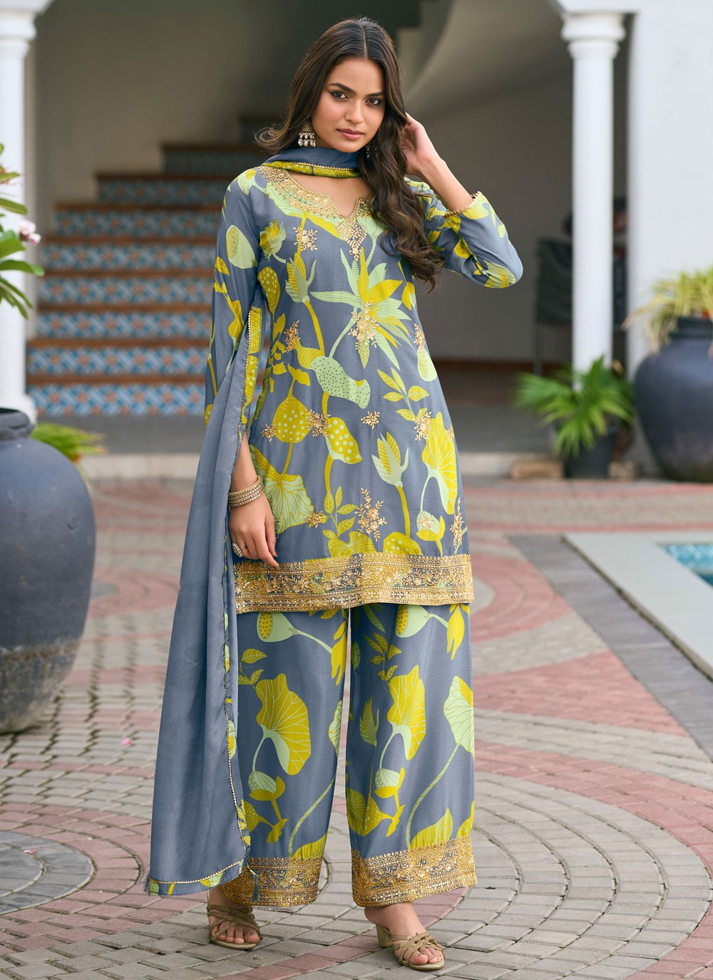 Palazzo Suit Embroidered, Fancy Work, Printed, Zari Blue T7866