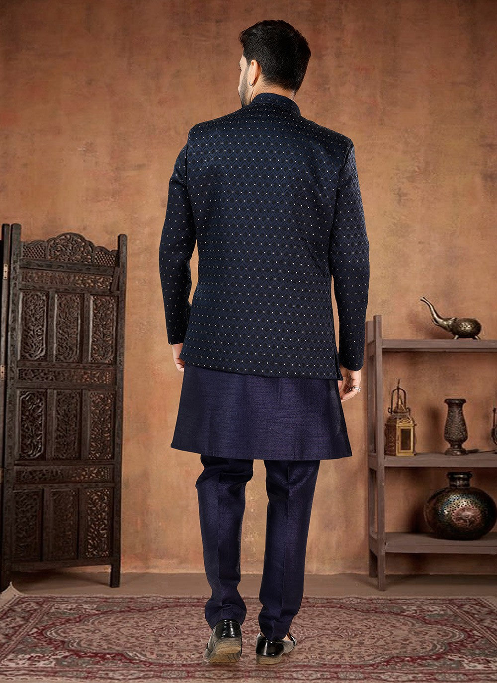 Embroidered Jacquard, Silk Blue Indo Western - M7021