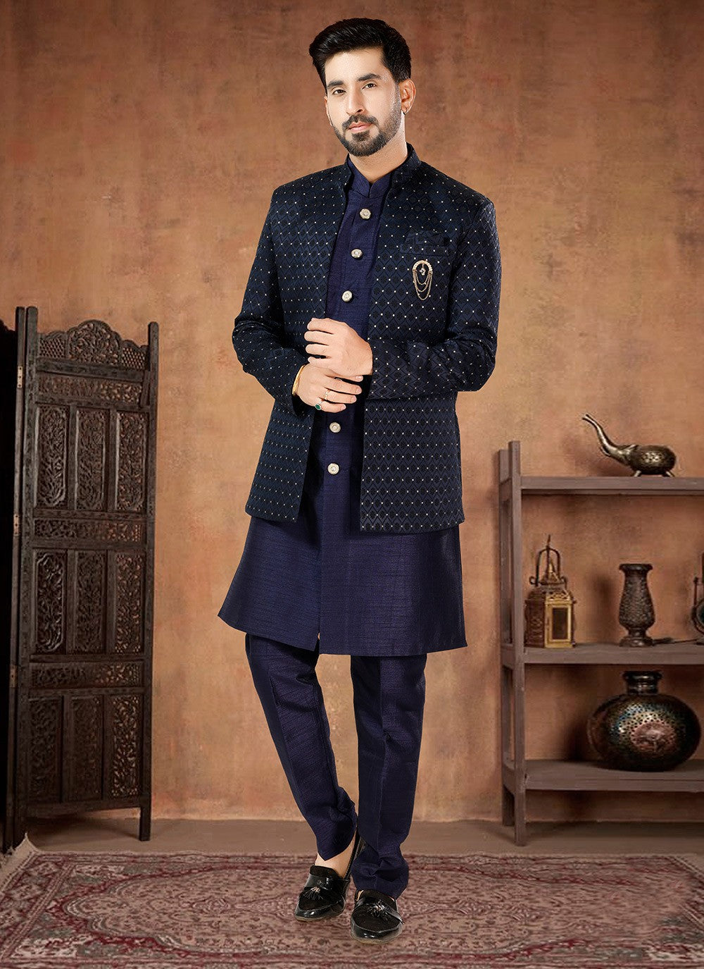 Embroidered Jacquard, Silk Blue Indo Western - M7021