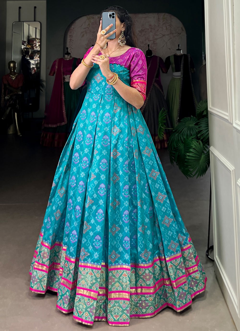 Patola Print Jacquard Silk Blue Gown G1958