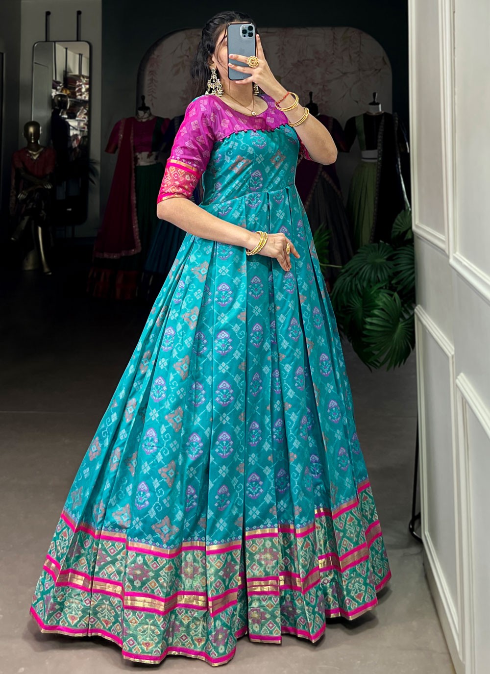 Patola Print Jacquard Silk Blue Gown G1958