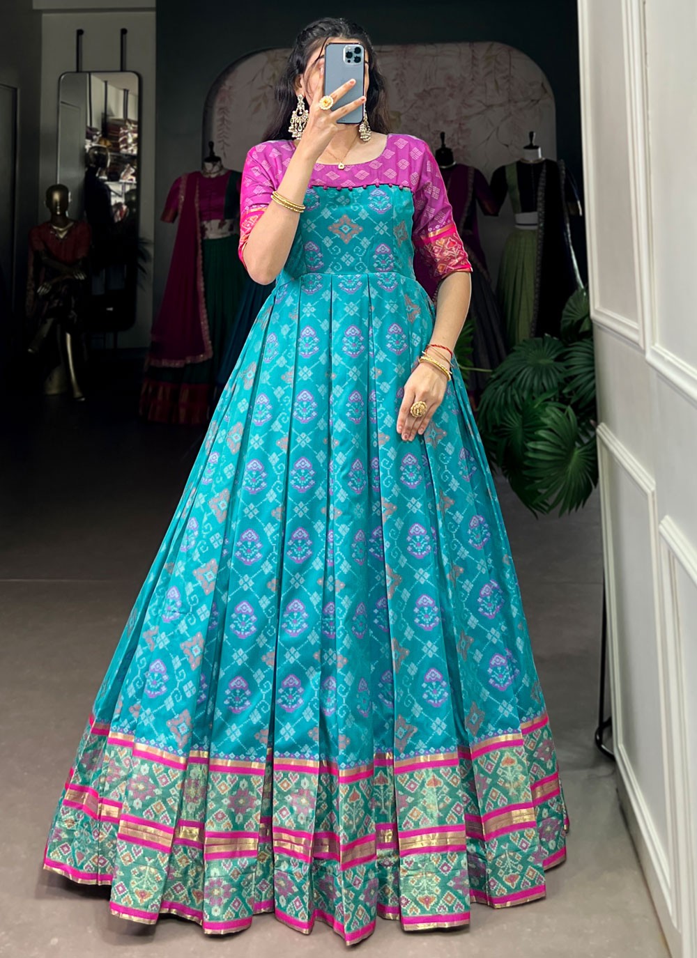 Patola Print Jacquard Silk Blue Gown G1958