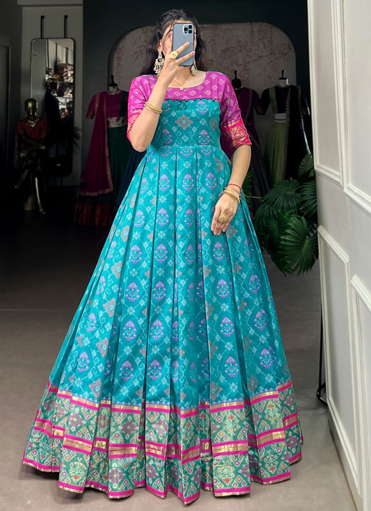 Patola Print Jacquard Silk Blue Gown G1958