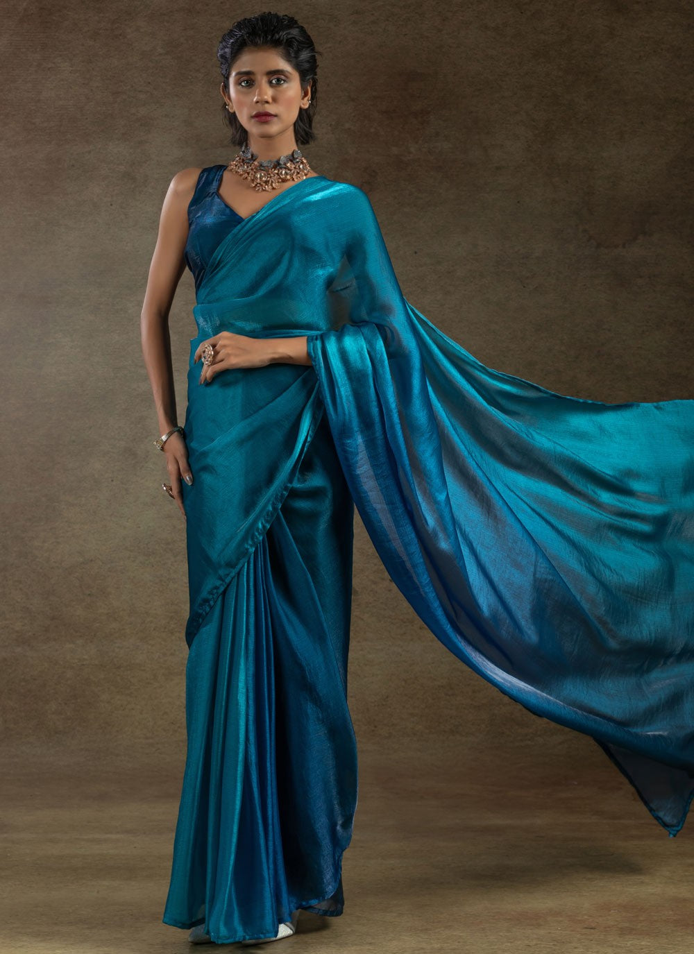 Plain Satin Silk Blue Shaded Saree S15491