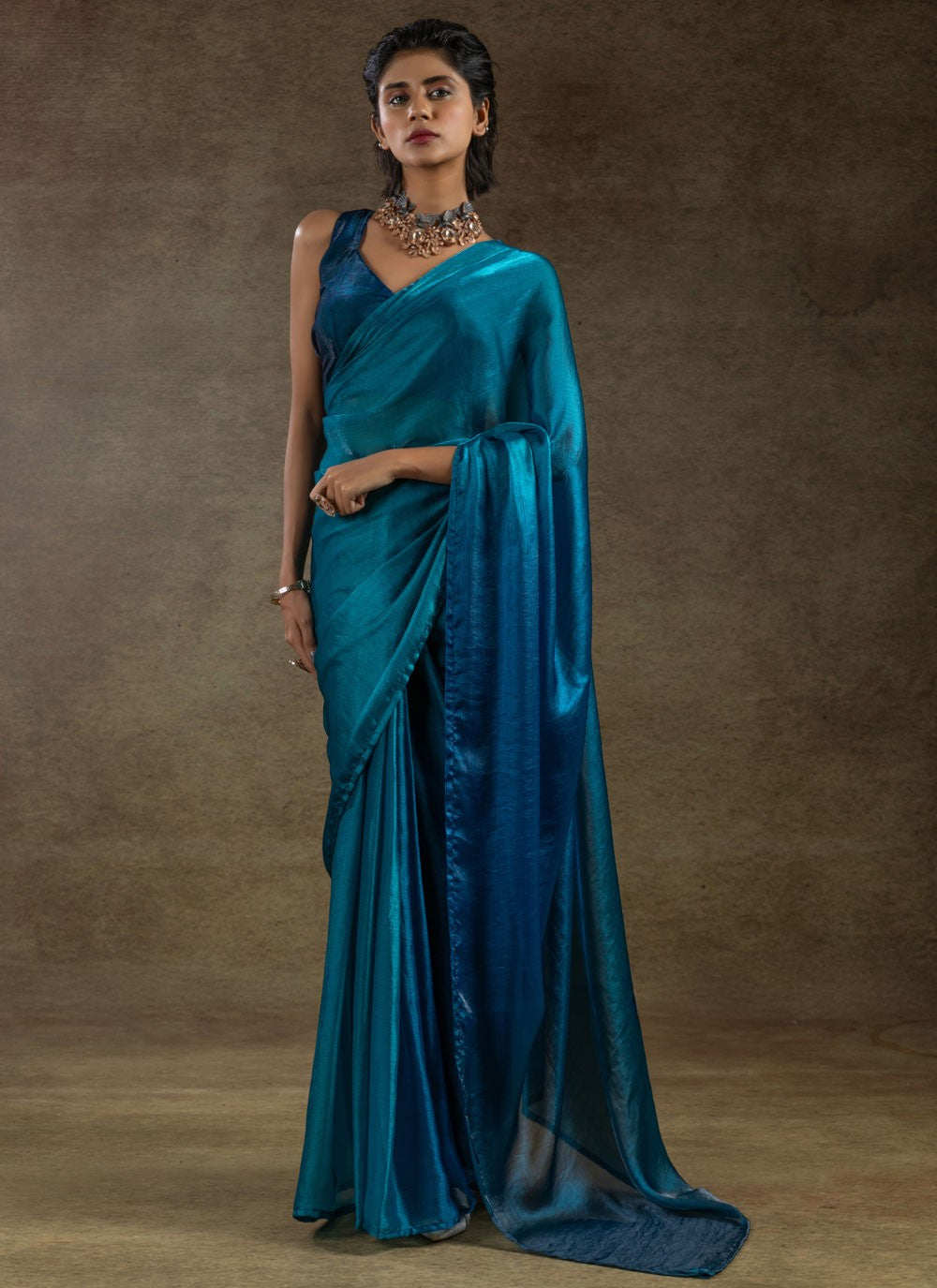 Plain Satin Silk Blue Shaded Saree S15491